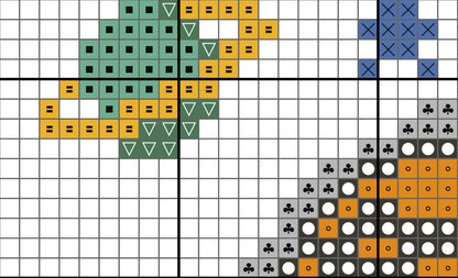 Grid with colored symbols representing different card suits on a white background
