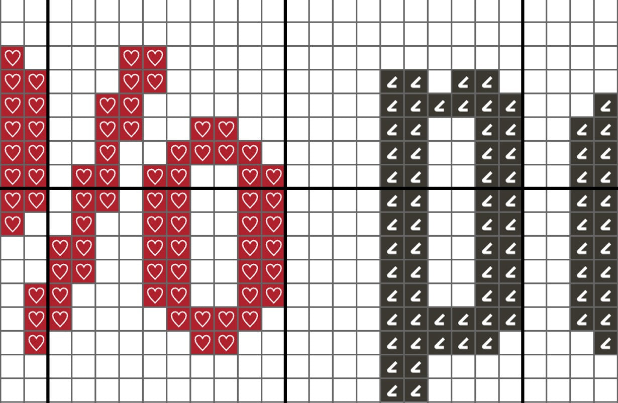 Grid pattern with red heart shapes and black arrow shapes