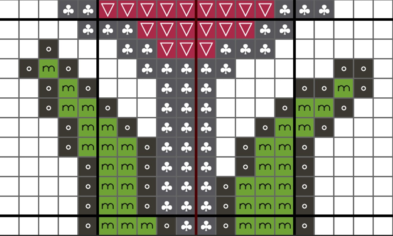 Crossword-style grid with symbols and letters on a white background