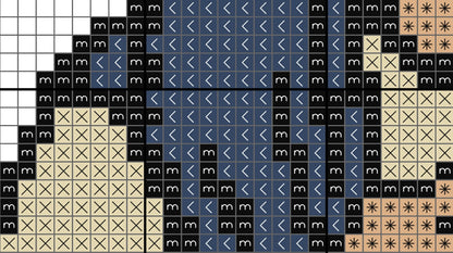 Pixelated pattern with various symbols on a grid background