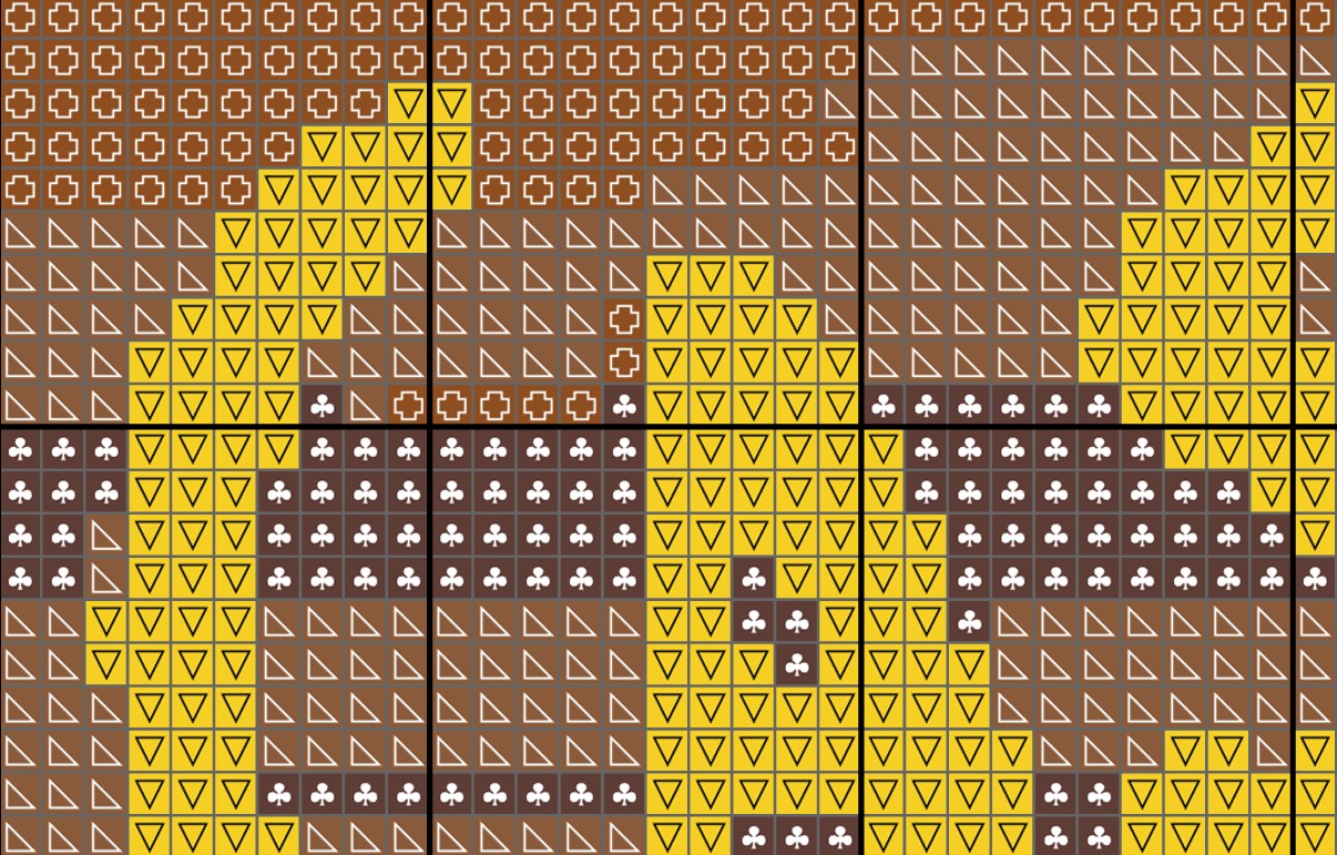 Pattern of yellow triangles and brown shapes on a brown background