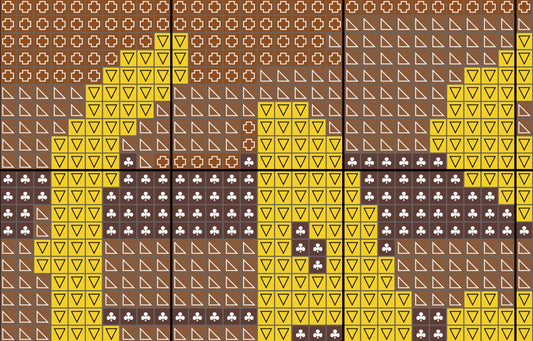 Pattern of yellow triangles and brown shapes on a brown background