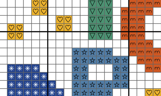 Grid with colored shapes and patterns