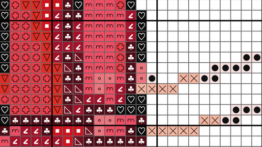 Grid pattern with various symbols including hearts, circles, and crosses in red, pink, and black on a white background.