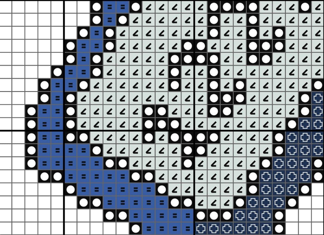 Pixelated design with blue, black, and white elements on a grid background