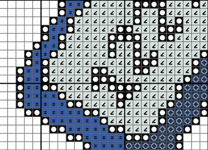 Pixelated design with blue, black, and white elements on a grid background