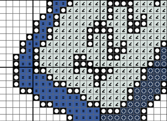 Pixelated design with blue, black, and white elements on a grid background