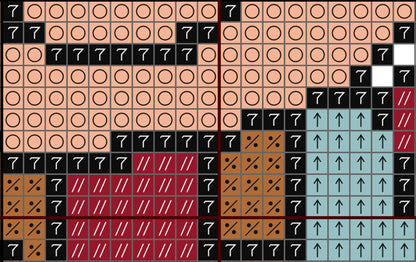 Grid of symbols including '7', arrows, and other shapes on a patterned background.