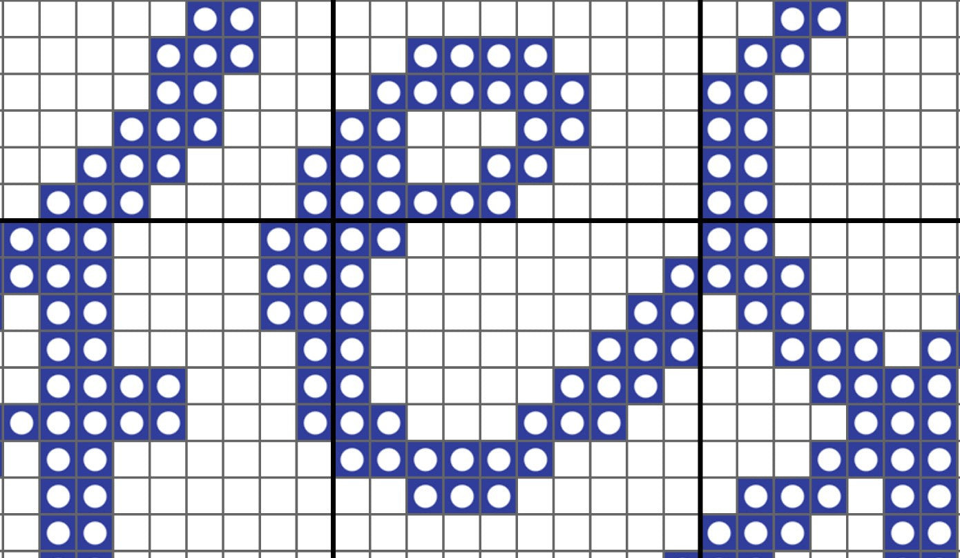 Grid pattern with blue and white dots on a black and white grid background
