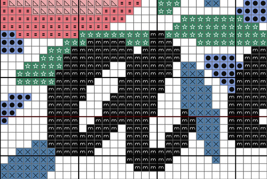 Cross-stitch pattern with colorful characters on a grid background