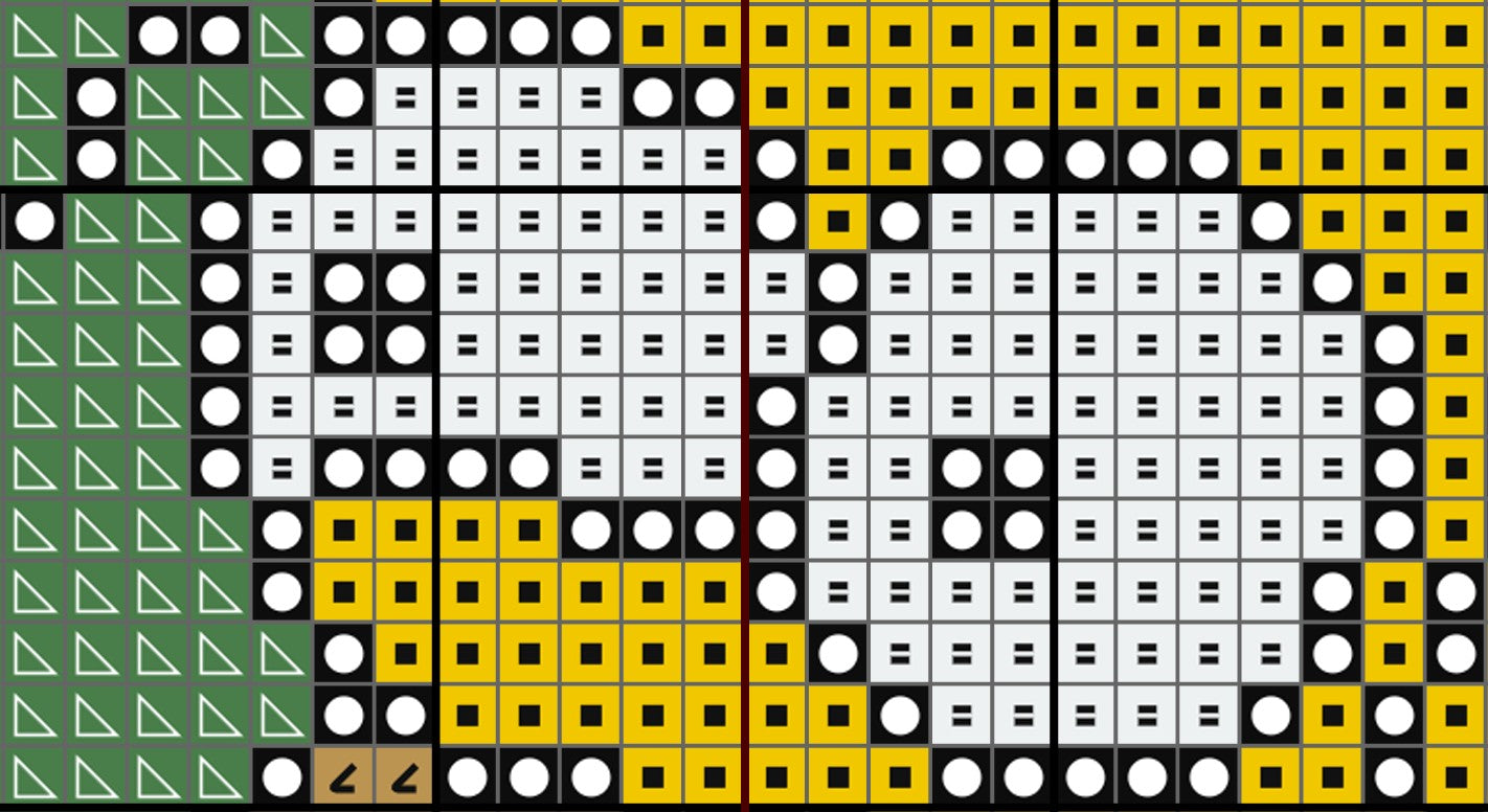 Pattern made of colored shapes on a grid background