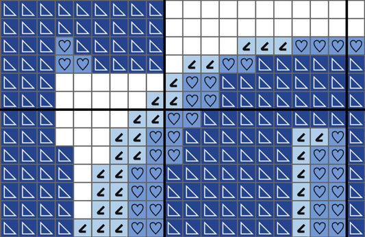 Grid pattern with blue and white shapes including triangles, hearts, and arrows.