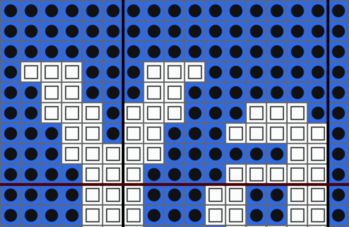 Pattern of black, white, and blue squares on a blue background