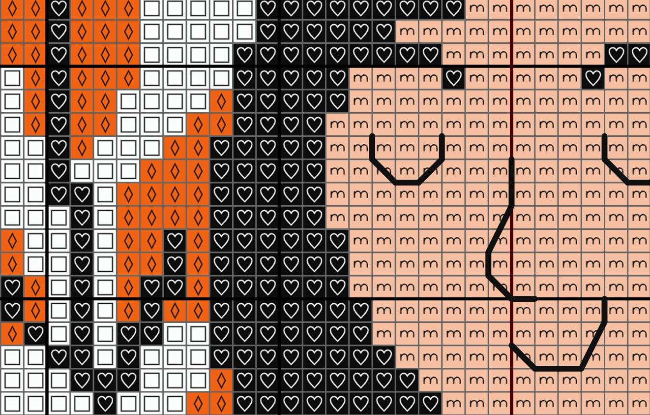 Pixelated design with geometric patterns and a face-like figure.