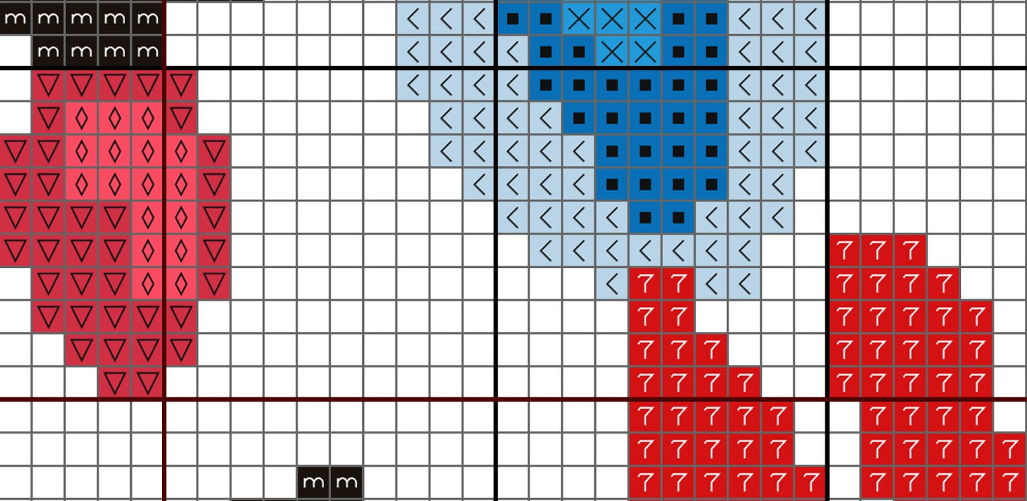 Grid pattern with red and blue shapes on a white background