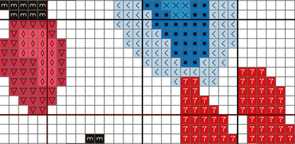 Grid pattern with red and blue shapes on a white background