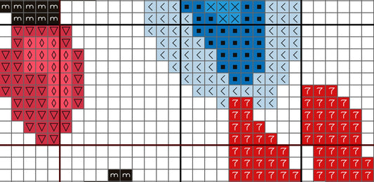 Grid pattern with red and blue shapes on a white background