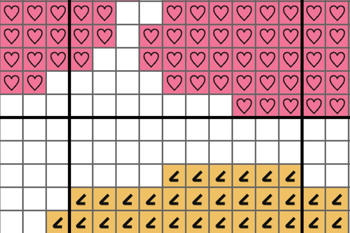 Grid with pink hearts and yellow arrows on a white background