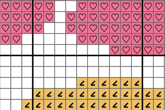 Grid with pink hearts and yellow arrows on a white background