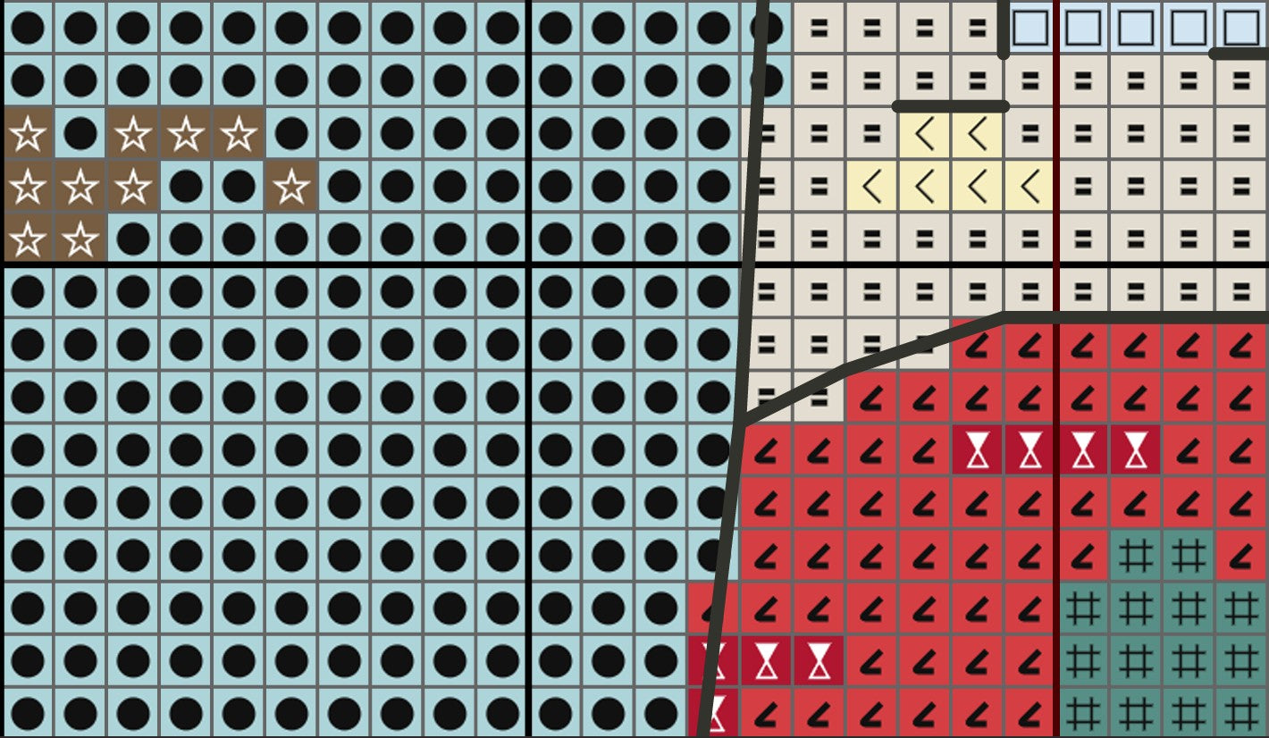 Grid of colored tiles with various patterns on a blue background