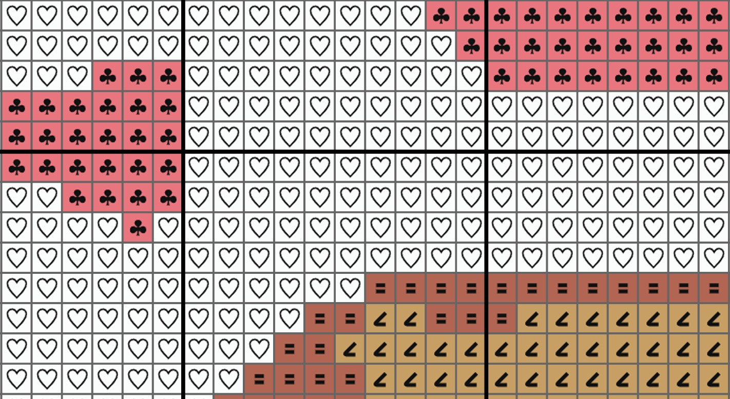 Pattern of hearts, clubs, spades, and diamonds in a grid layout.
