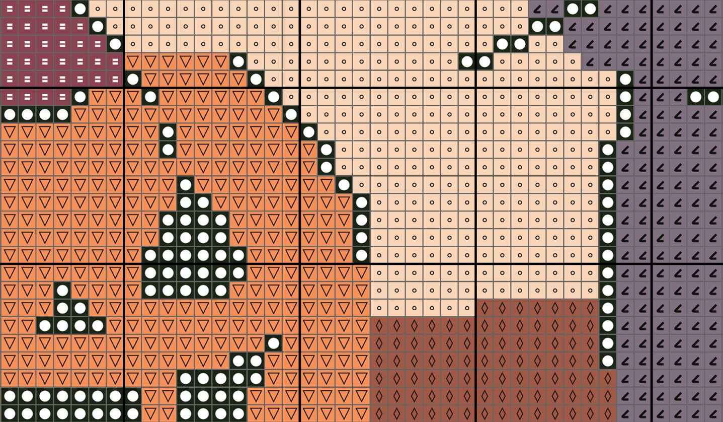 Pixelated pattern of a ghost and triangle shapes on a grid background