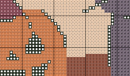 Pixelated pattern of a ghost and triangle shapes on a grid background