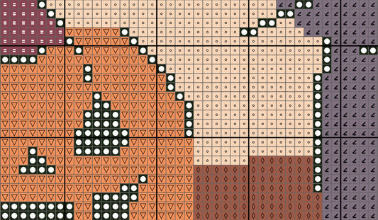 Pixelated pattern of a ghost and triangle shapes on a grid background