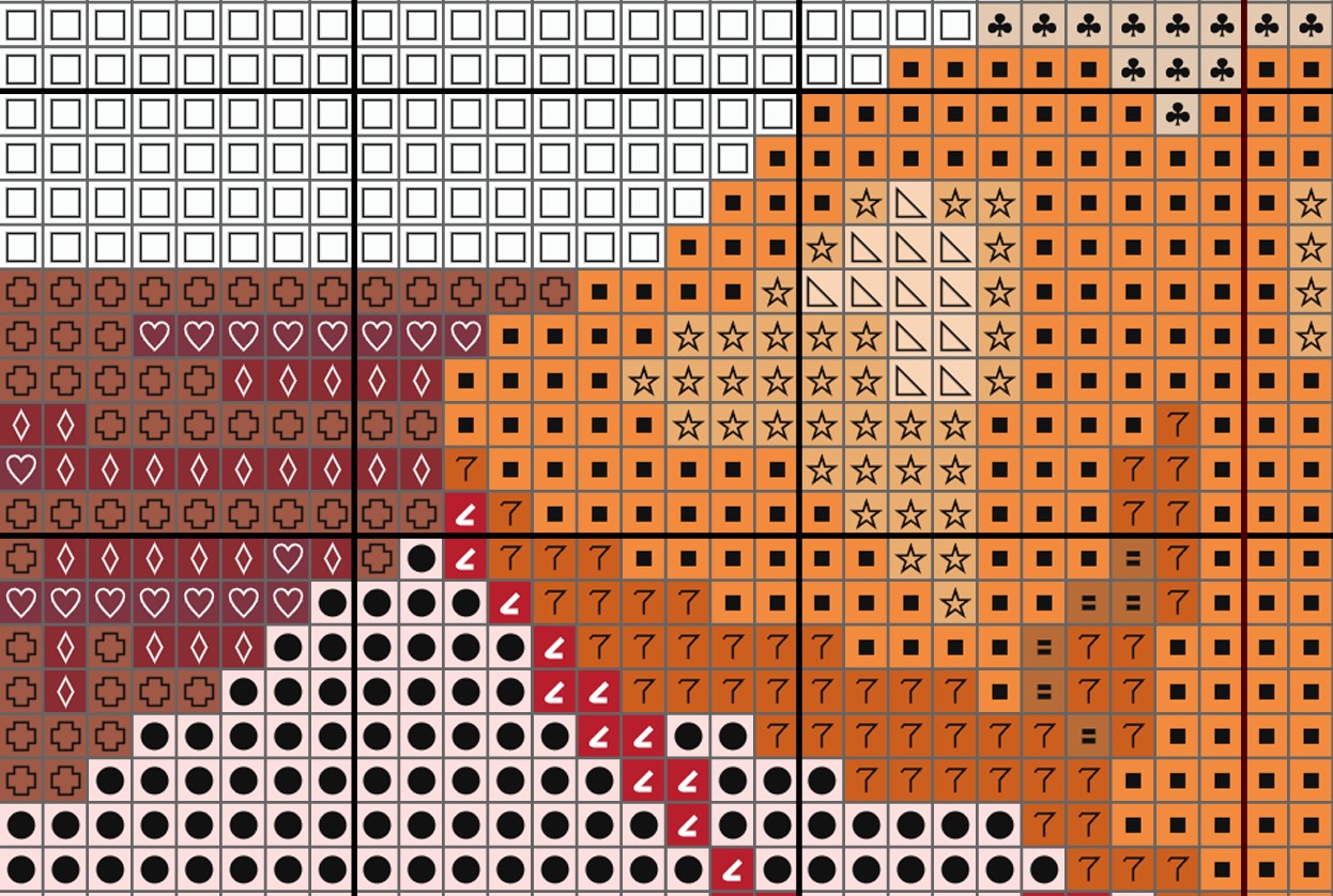 Grid of various patterns including squares, stars, hearts, numbers, and dots.