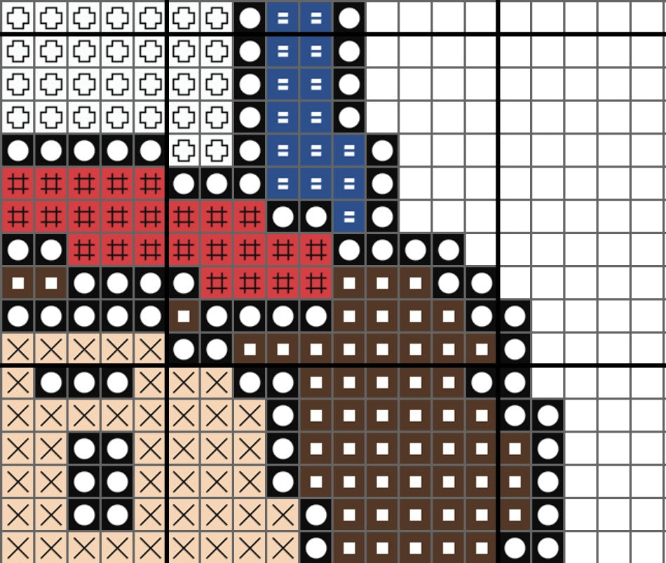Pixelated design of a character using grid pattern with colored blocks