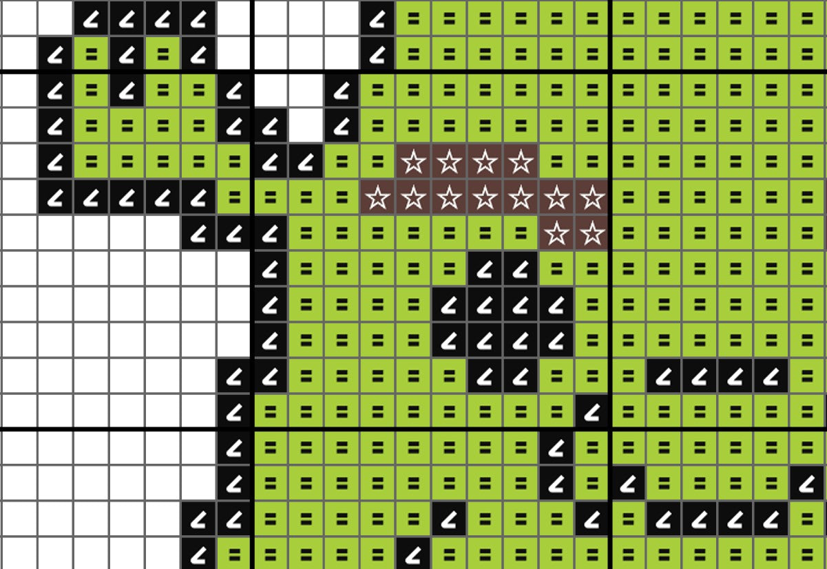 Pixelated design with green, black, and white squares on a grid background