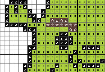 Pixelated design with green, black, and white squares on a grid background