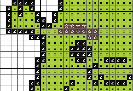 Pixelated design with green, black, and white squares on a grid background