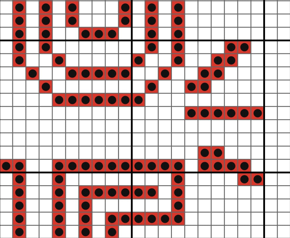 Grid with red and black dots forming a pattern