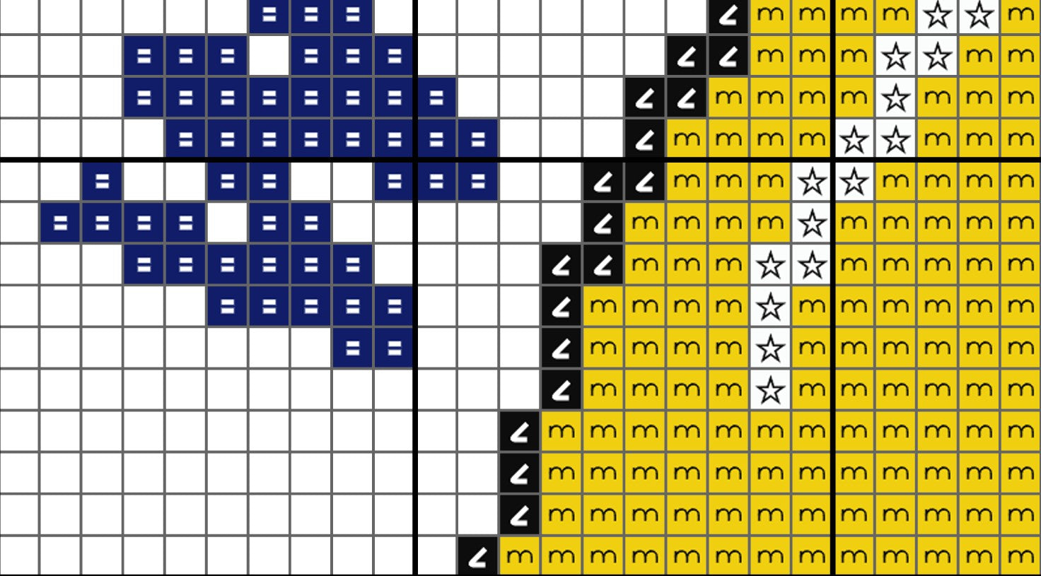 Pixelated design with blue and yellow elements on a grid background
