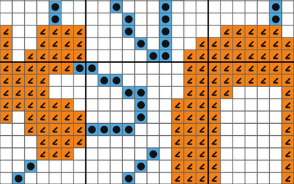 Grid pattern with orange and blue shapes on a white background