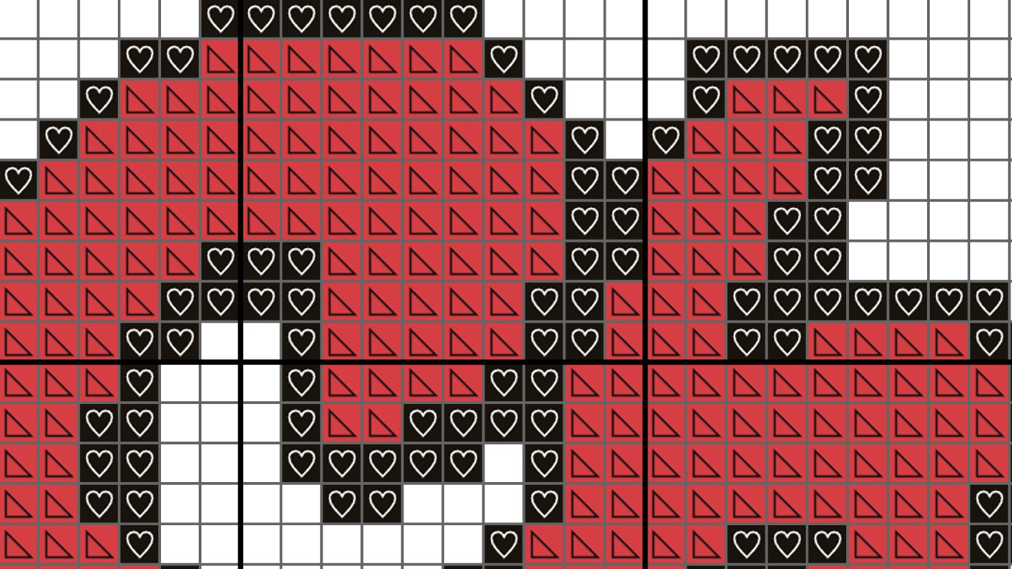 Pixel art character made of red, black, and white shapes on a grid background