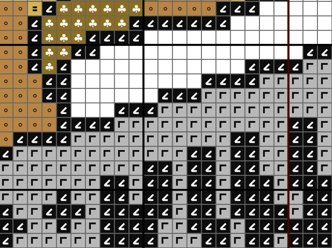 Pixelated design with black, white, and gray squares on a grid background