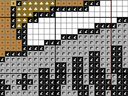 Pixelated design with black, white, and gray squares on a grid background
