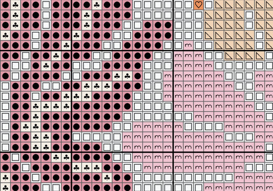 Patterned design with black, white, and pink shapes on a grid background