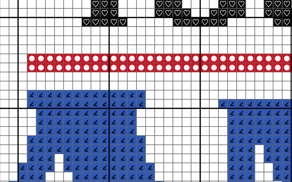 Grid pattern with red, blue, and black shapes on a white background