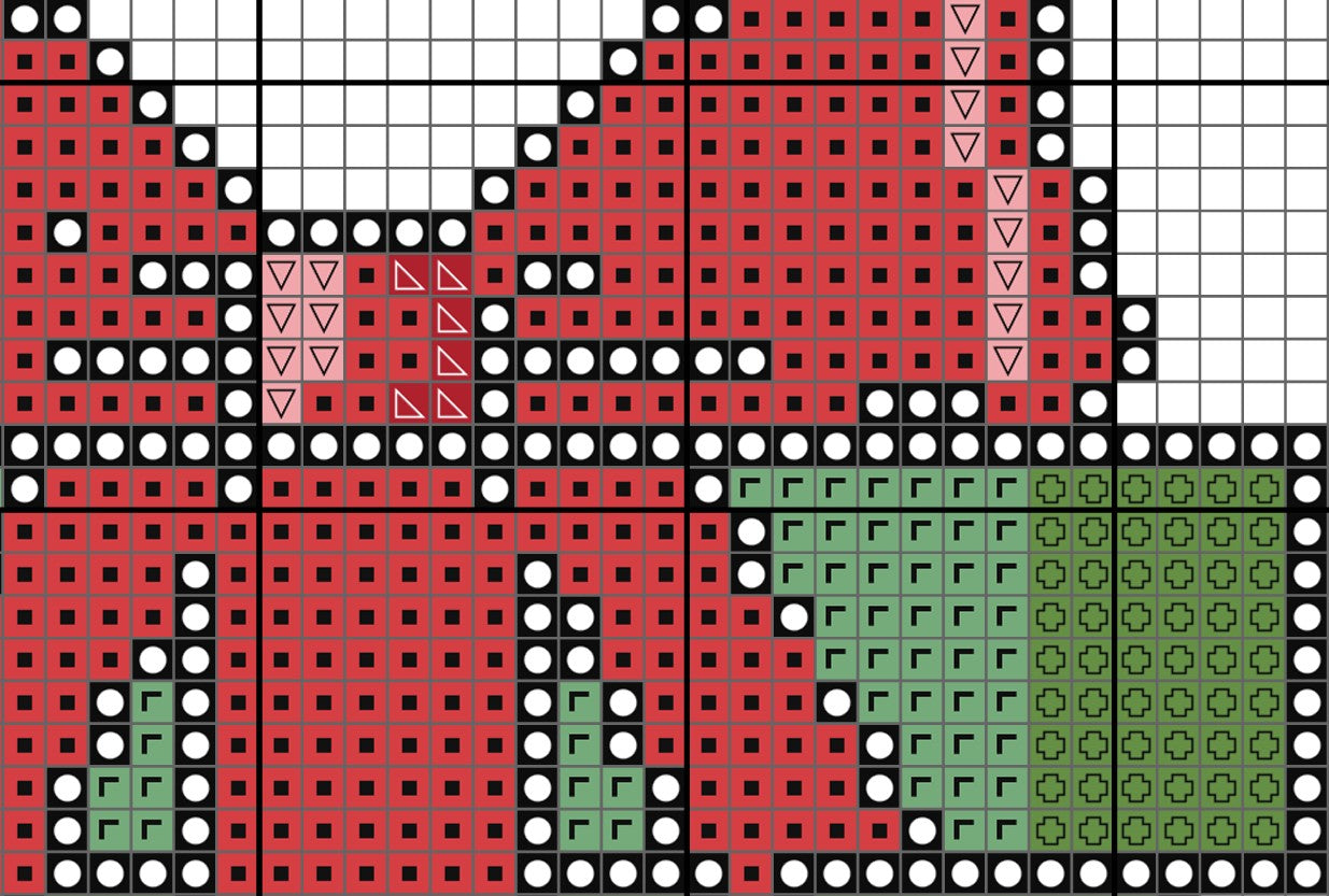 Pattern of red, green, and black shapes on a grid background