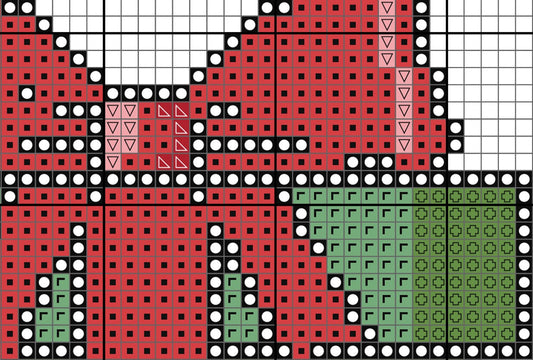 Pattern of red, green, and black shapes on a grid background
