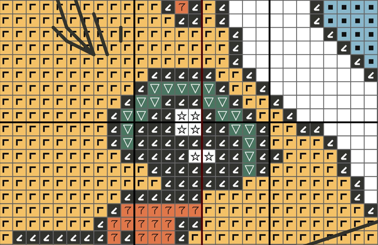 Grid pattern with various shapes and colors on a yellow background