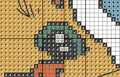 Grid pattern with various shapes and colors on a yellow background