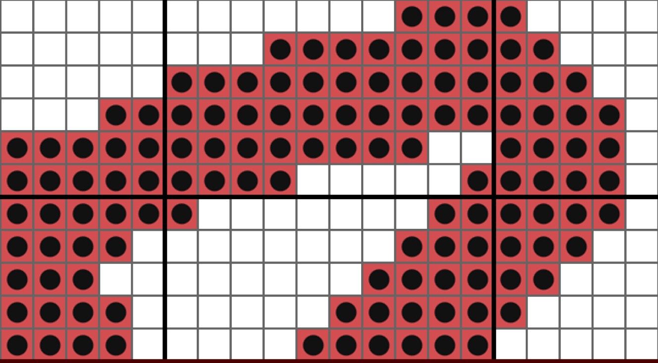 Grid pattern with red and black circles on a white background