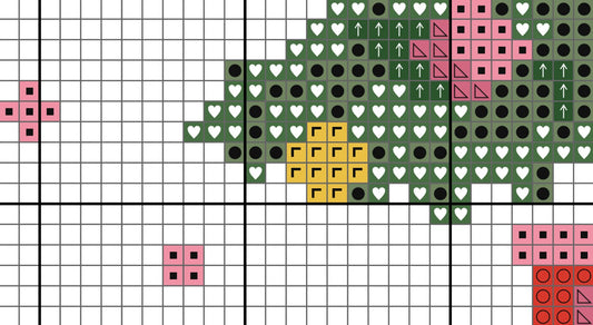 Cross-stitch pattern with colored squares on a grid background