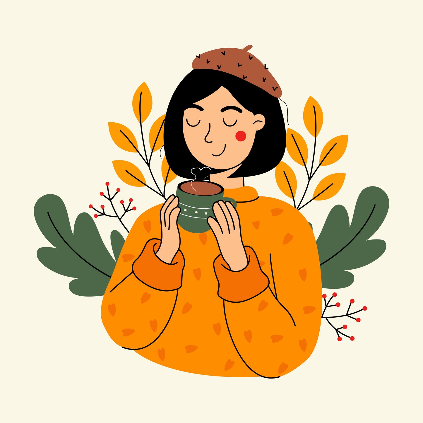 Illustration of a person in an orange sweater holding a cup, surrounded by autumn leaves and branches.
